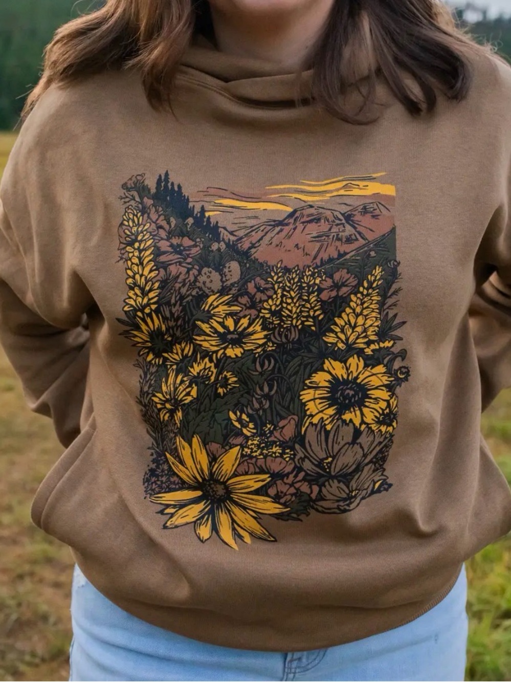 Brown Floral Graphic Hoodie Sweatshirt - Women Sweaters